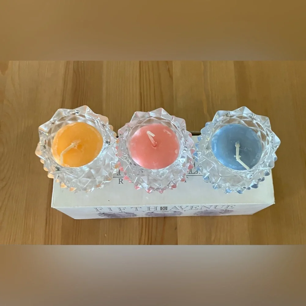 NEW Fifth Avenue Crystal Glass Pinecone Candle Holders - Set of 3, incl candles